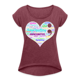 *SWEARY* 2023 Rainbow Party HEART Roll Cuff Tee Womens - heather burgundy