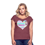 *SWEARY* 2023 Rainbow Party HEART Roll Cuff Tee Womens - heather burgundy