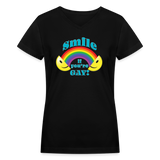 2024 *SMILE IF YOU'RE GAY* Rainbow Party Women's V-Neck T-Shirt - black