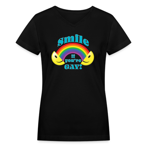 2024 *SMILE IF YOU'RE GAY* Rainbow Party Women's V-Neck T-Shirt - black