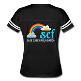 Women’s V-Neck Baseball T-Shirt - Pocket WordCloud/Classic SCF Logo - black/white