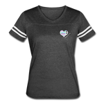 Women’s V-Neck Baseball T-Shirt - Pocket WordCloud/Classic SCF Logo - vintage smoke/white