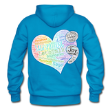 Unisex Adult Pullover Hoodie – Heart;(WordCloud)/SCF Classic Logo - turquoise